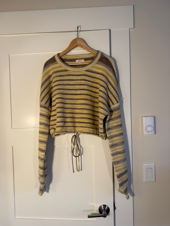 Elan Sweaters - Elan Cropped Striped Crewneck Sweater in Yellow, Brown & Cream